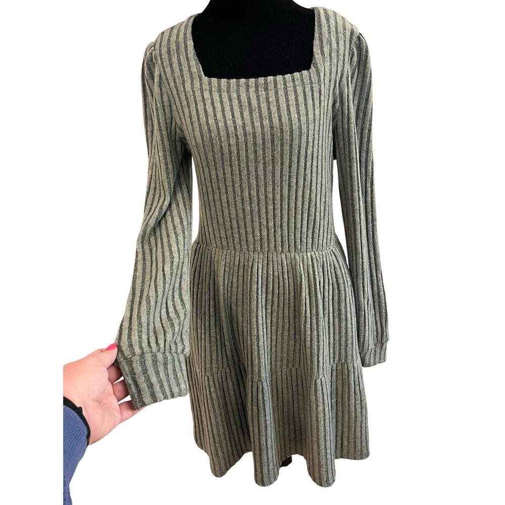 Ribbed Tiered Dress Sz Med Square Neck w/ Pockets Boho Cottagecore Romantic - Picture 2 of 13